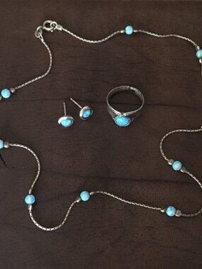 Vintage sterling silver opal necklace ring 925 earrings set distressed detailed